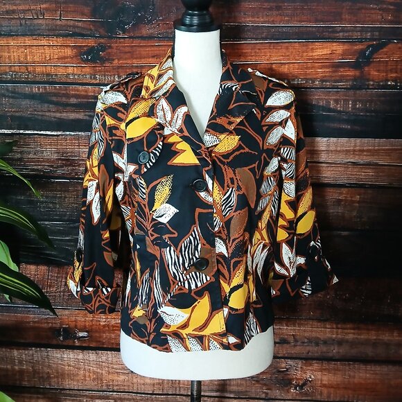 Ruby Rd Jacket Size 10 Cropped Cotton Blazer 3/4 Sleeve Urban Tribe Leaf Print - Picture 2 of 10